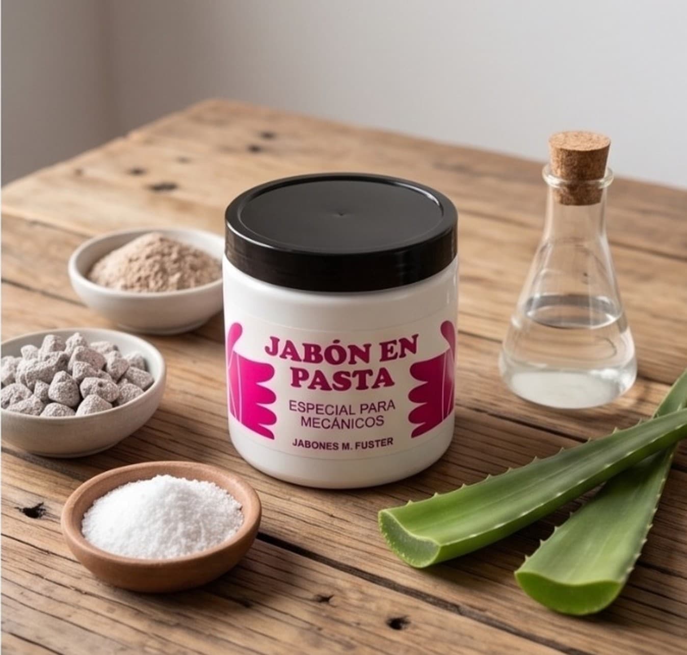 Bote de jabón M. Fuster con ingredientes en superficie de madera