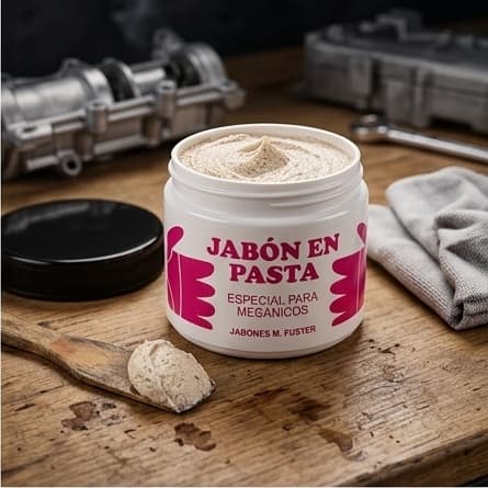 Bote de Jabón en Pasta M. Fuster abierto mostrando la pasta