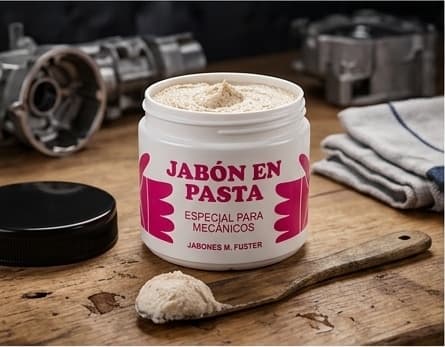 Bote de Jabón en Pasta M. Fuster abierto con cuchara de madera